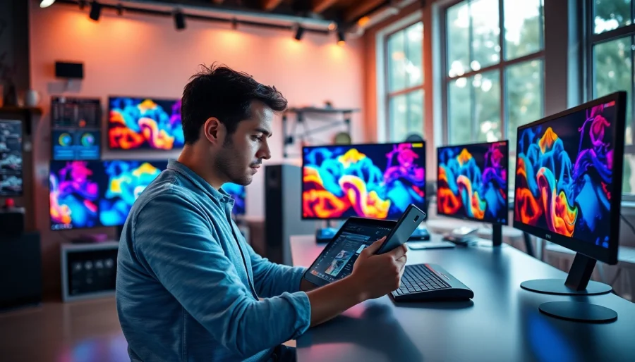 Explore the capabilities of the midjourney api through a professional digital artist's workspace showcasing vibrant artworks.