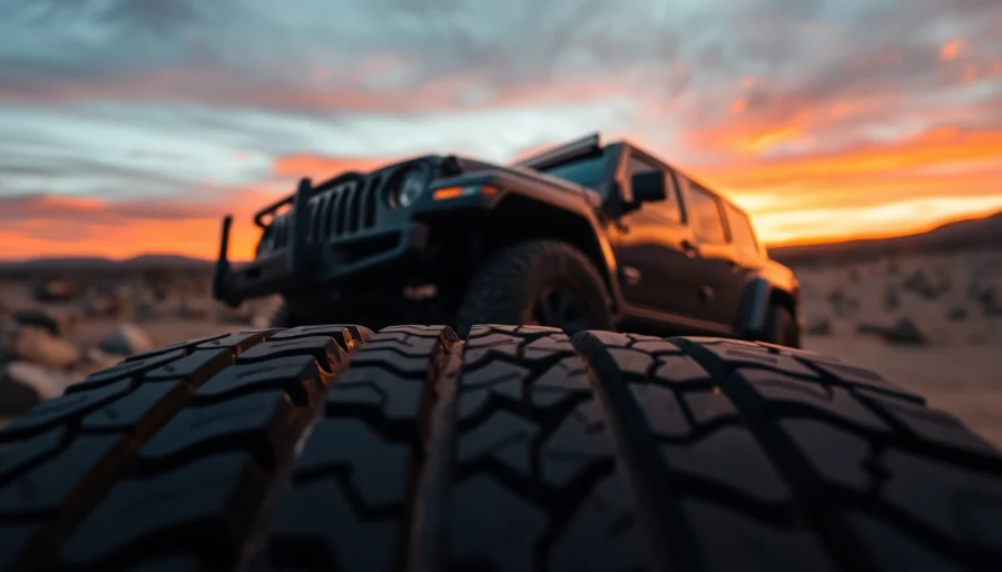 Showcase of General tires highlighting durability against a rugged backdrop at sunset.