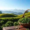 Freshly harvested Nepal tea leaves in a basket, showcasing the lush green hills of Ilam, Nepal.