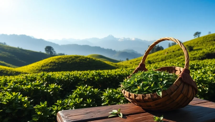 Freshly harvested Nepal tea leaves in a basket, showcasing the lush green hills of Ilam, Nepal.