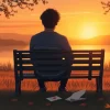 Heartbroken person reflecting on relationship breakup at sunset on a park bench.