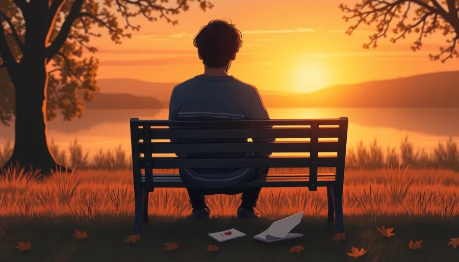 Heartbroken person reflecting on relationship breakup at sunset on a park bench.