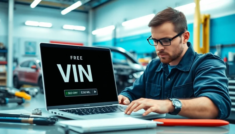 Perform a free VIN check with mileage using a laptop in a professional automotive workshop.