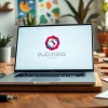Namelix branding tool interface showcasing creative logo design on a laptop.