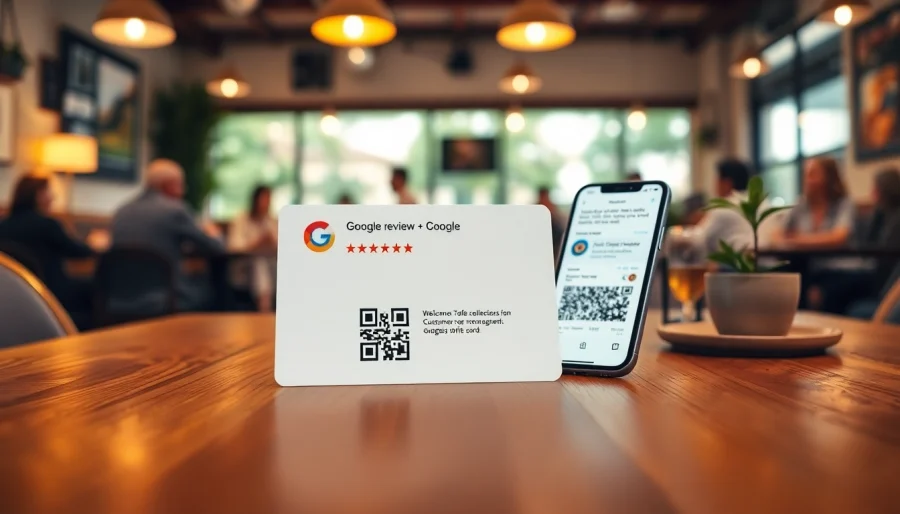 Showcase impactful Google reviews card from https://www.reviewcardsgoogle.com on a wooden table inviting customer feedback.
