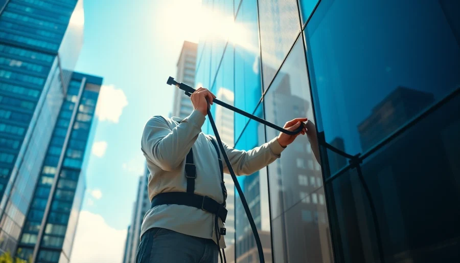Expert team member conducting window washing sioux falls service while ensuring gleaming results.