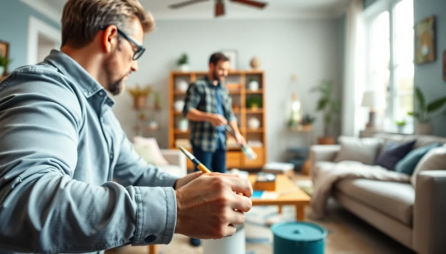 Home painters in Bloomington MN expertly painting a cozy living room, showcasing vibrant colors and techniques.