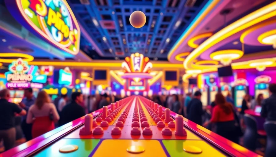 Permainan situs plinko dengan papan dan bola yang jatuh di kasino yang ramai.