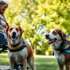 Trained service dogs helping their handlers in a park, showcasing support and companionship.