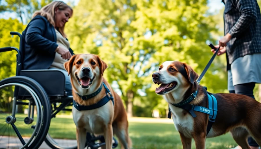 Trained service dogs helping their handlers in a park, showcasing support and companionship.