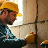 Foundation crack repair geneva demonstrated by a professional in a brightly lit basement.