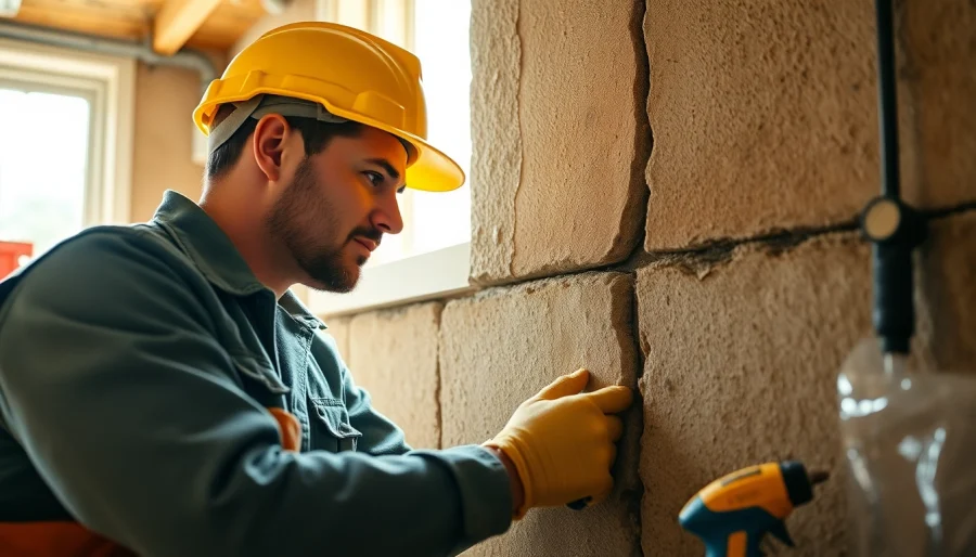 Foundation crack repair geneva demonstrated by a professional in a brightly lit basement.