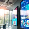 Engaging digital signage in a corporate office environment displaying vivid advertisements.
