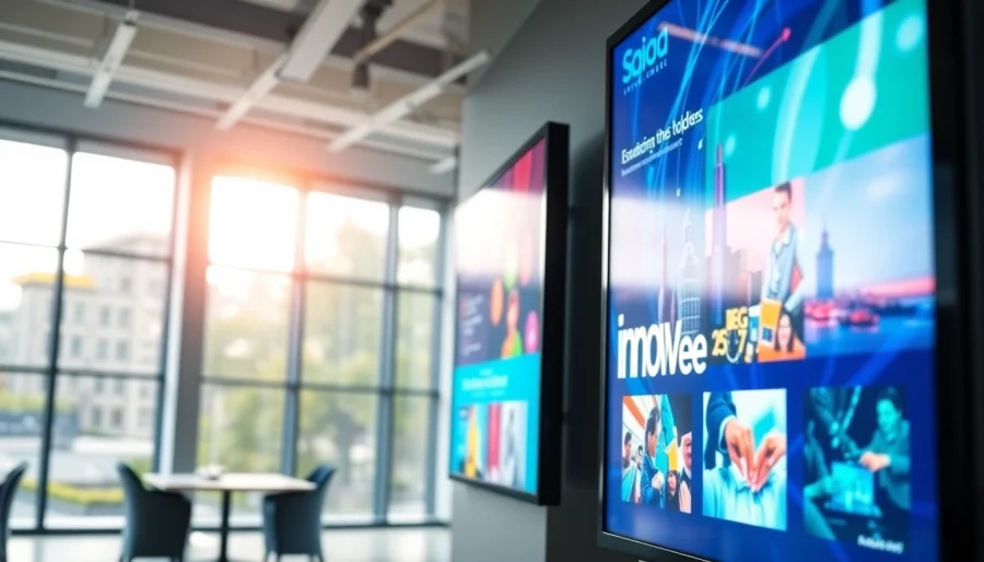 Engaging digital signage in a corporate office environment displaying vivid advertisements.