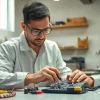 Electrical troubleshooting by a technician examining a circuit board in a well-lit workshop.