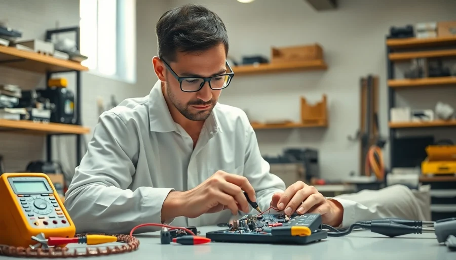 Electrical troubleshooting by a technician examining a circuit board in a well-lit workshop.