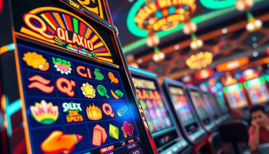 Mainkan QQAXIOO slot di mesin permainan penuh warna dan suasana kasino yang menarik.