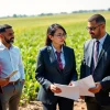 Discussing agricultural law contracts outdoors with legal professionals on a farm.