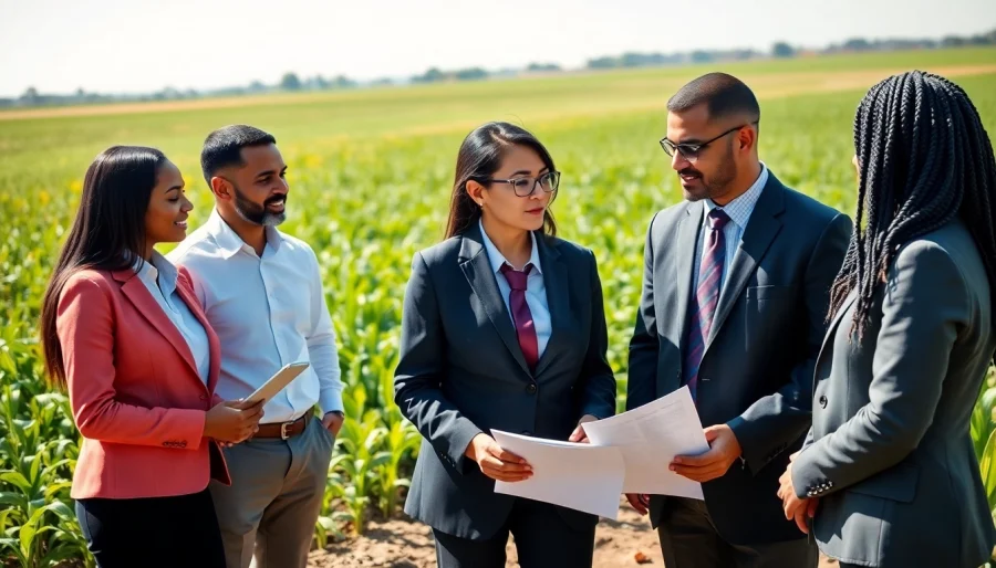 Discussing agricultural law contracts outdoors with legal professionals on a farm.