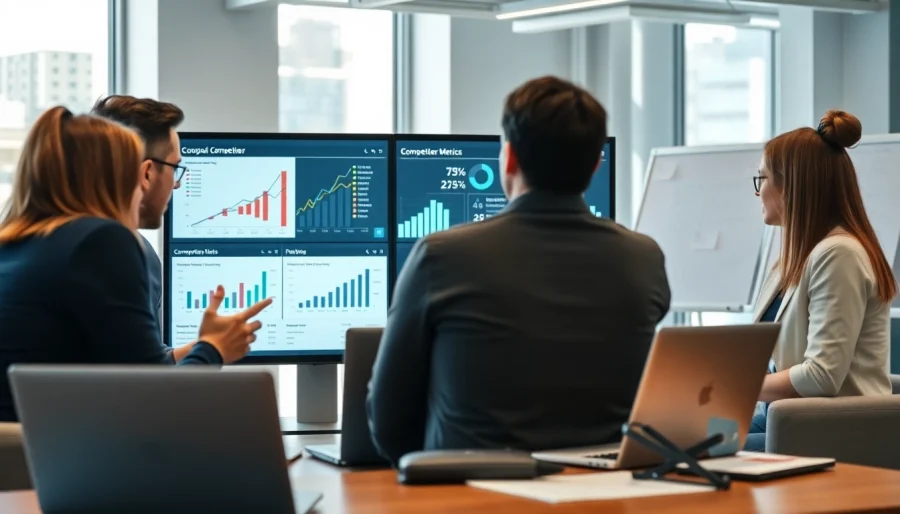 An engaged team utilizing ai for competitor analysis in a modern office environment.