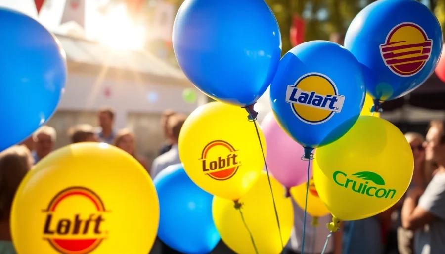 Print balloons with your logo displayed in a colorful outdoor celebration.