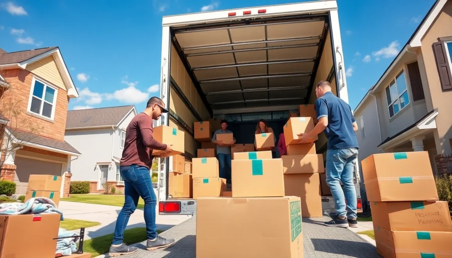 Efficient team providing Local Moving Services with boxes and a truck in a sunny neighborhood.
