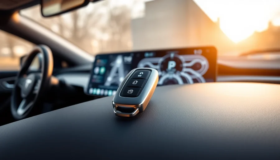 Showcasing a key fob for electric cars on a dashboard, emphasizing advanced technology and design.
