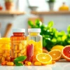 Explore Vitamin Boosters with vibrant supplements beside fresh fruits promoting health.
