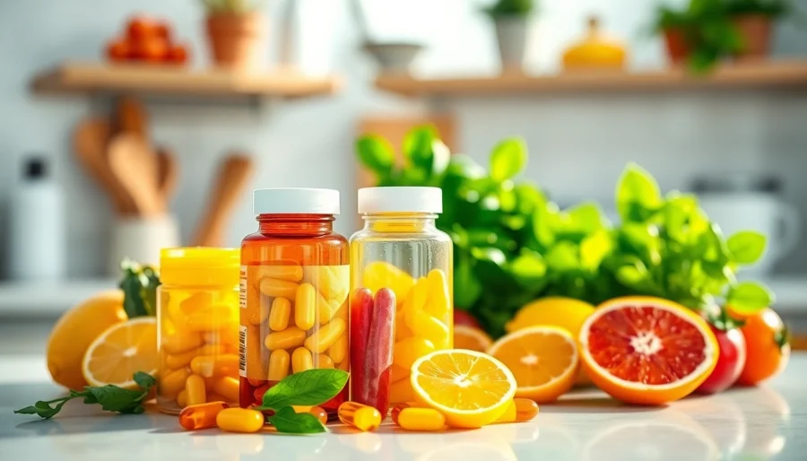 Explore Vitamin Boosters with vibrant supplements beside fresh fruits promoting health.