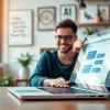 Engage with an AI chatbot for website showcased on a laptop in a bright office.