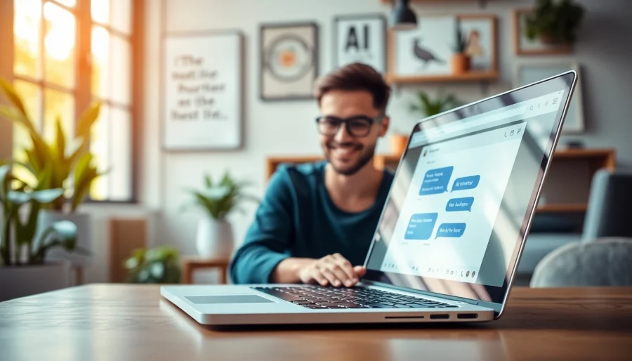 Engage with an AI chatbot for website showcased on a laptop in a bright office.