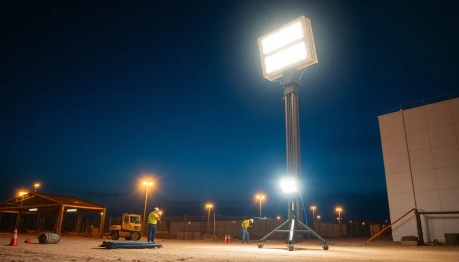 Enhance visibility with a battery tower light during dusk on a construction site.