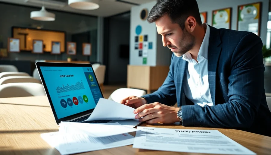 Assessing Cyber Essentials certification with detailed reports in a professional office environment.
