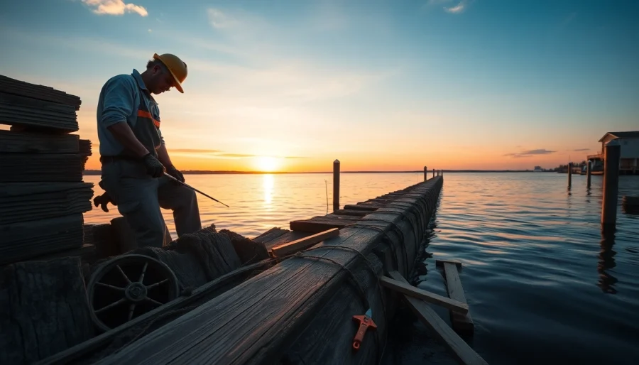 Performing bulkhead repair on a wooden structure at a tranquil waterfront.