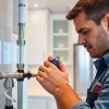 Plumbing services expert examining pipes in a contemporary kitchen setting, showcasing professionalism.