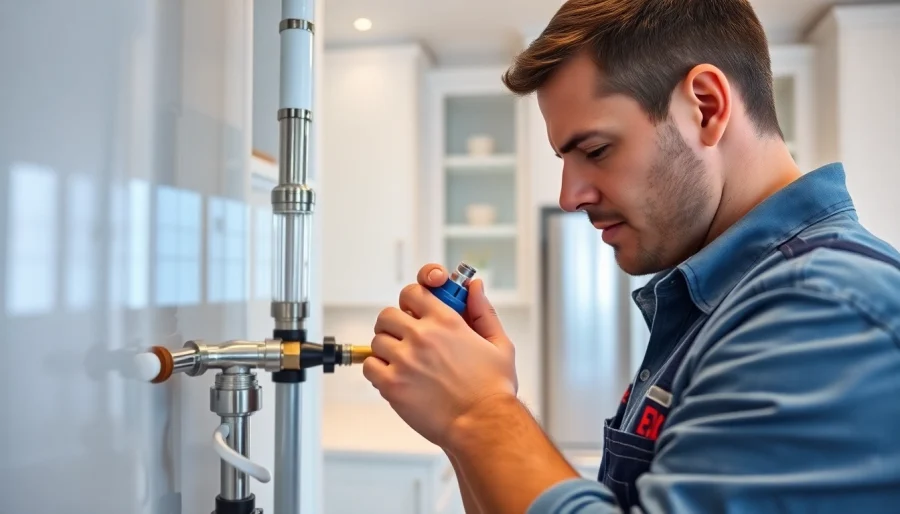 Plumbing services expert examining pipes in a contemporary kitchen setting, showcasing professionalism.