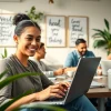 Engaging in side hustles with flexible hours in a vibrant co-working space full of creativity.