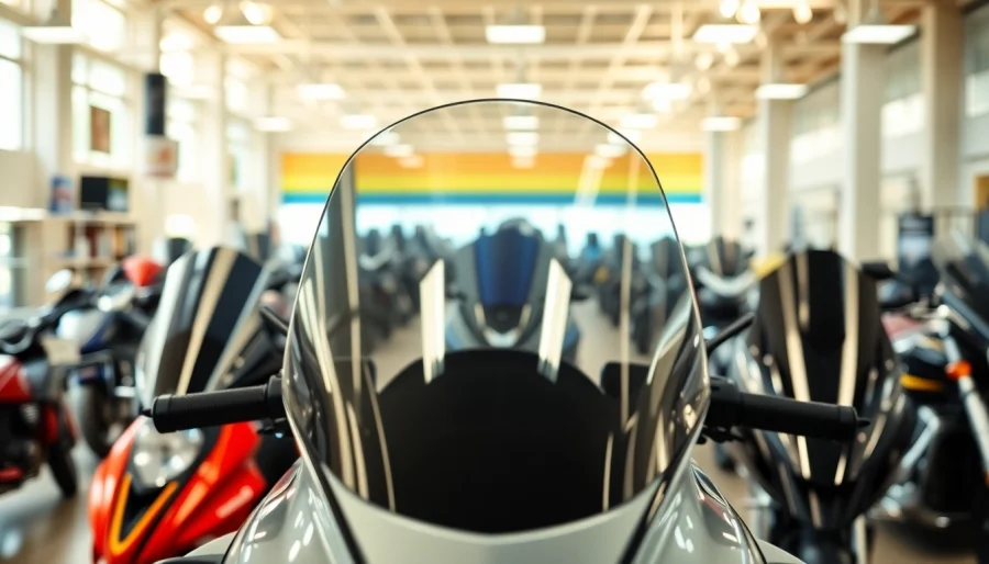 Showcase motorcycle windshields featuring various styles and designs on display.