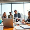 Immigration Consultant assisting clients in a professional office environment, showcasing credentials and teamwork.