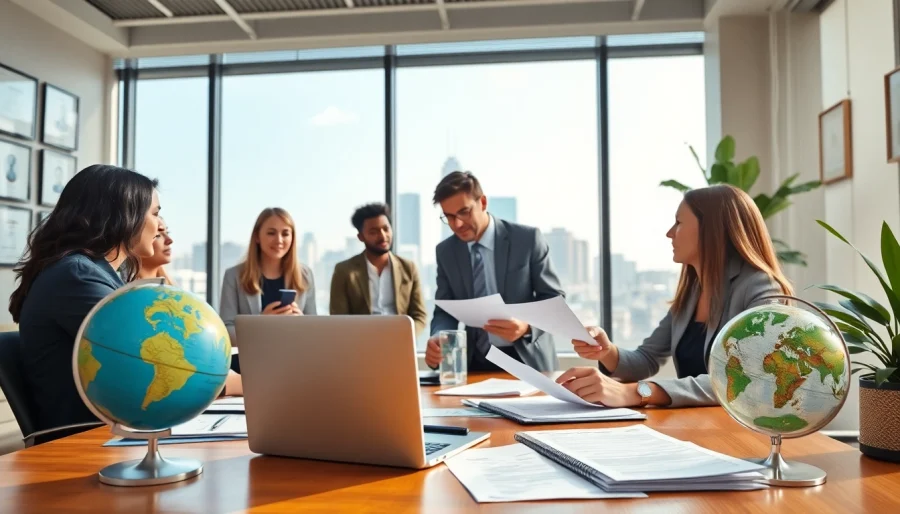 Immigration Consultant assisting clients in a professional office environment, showcasing credentials and teamwork.