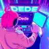Engaging in the dede game, a player immersed in a colorful gaming environment with futuristic elements.