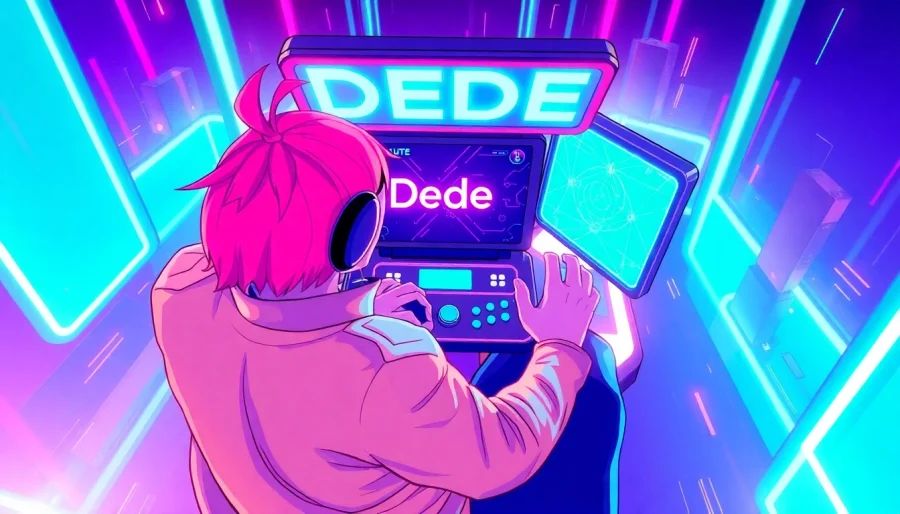 Engaging in the dede game, a player immersed in a colorful gaming environment with futuristic elements.