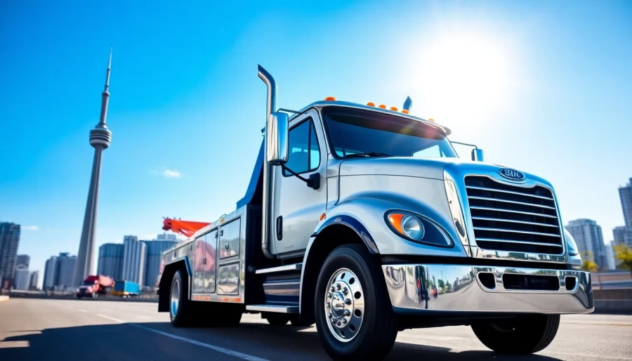 Towing Service in Toronto with a reliable tow truck against the city skyline, symbolizing speed and expertise.