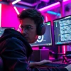 Gamer immersed in software and hardware setup for dma cheats in a vibrant environment.