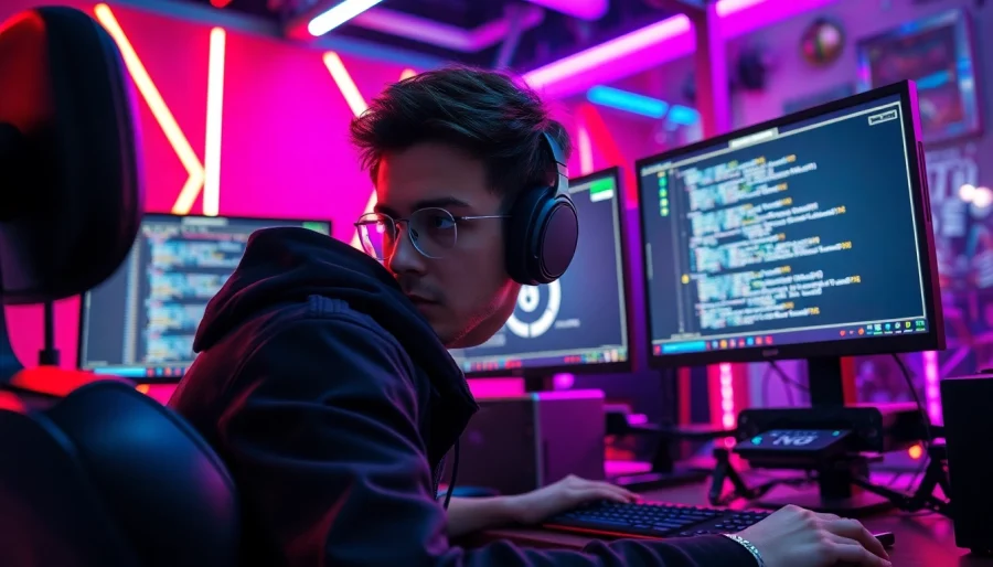 Gamer immersed in software and hardware setup for dma cheats in a vibrant environment.