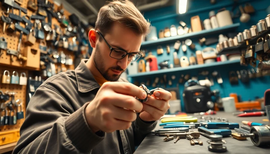 Expert Carballo Locksmith repairing a lock in a professional workshop with various tools.