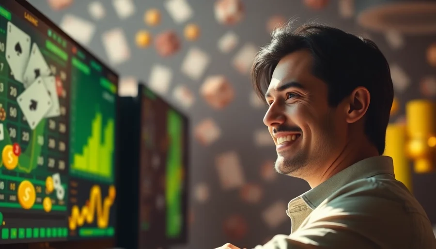 Evaluate Is We1Win Legit? with a user smiling while betting online in a vibrant digital casino.