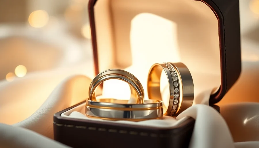Showcasing exquisite wedding bands for men in a luxurious setting with detailed designs.