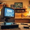 Play DOS games on a vintage monitor in a cozy retro gaming setup.