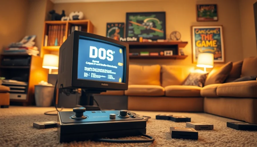 Play DOS games on a vintage monitor in a cozy retro gaming setup.